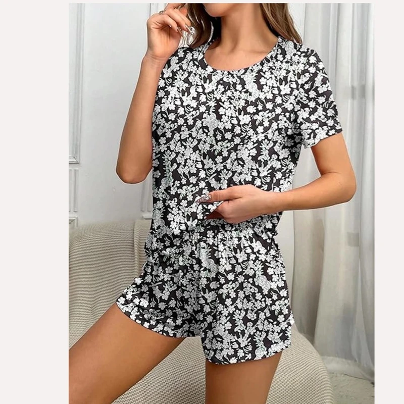 

Повседневный пижамный комплект с цветочным принтом, топ с короткими рукавами и круглым вырезом и шорты в тон для отдыха, женская одежда для сна, домашняя одежда