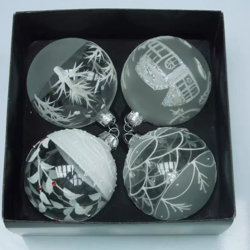 Handmade Transparent Glass Ball Four Different Design Christmas Tree Hanging Globe Pendant Free Shipping 8pcs/pack Diameter=8cm