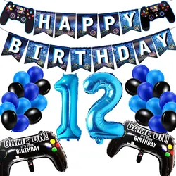Blue Game Number 12 Birthday Theme Party Decoration Set Number Balloon Pull Flag Set