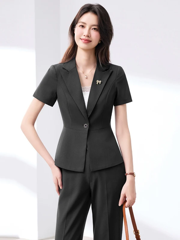 

Pure Color Commuter Professional Suit Set Women's Summer New Formal Workwear Elegant Waist-Cinching OL One-Button Suit