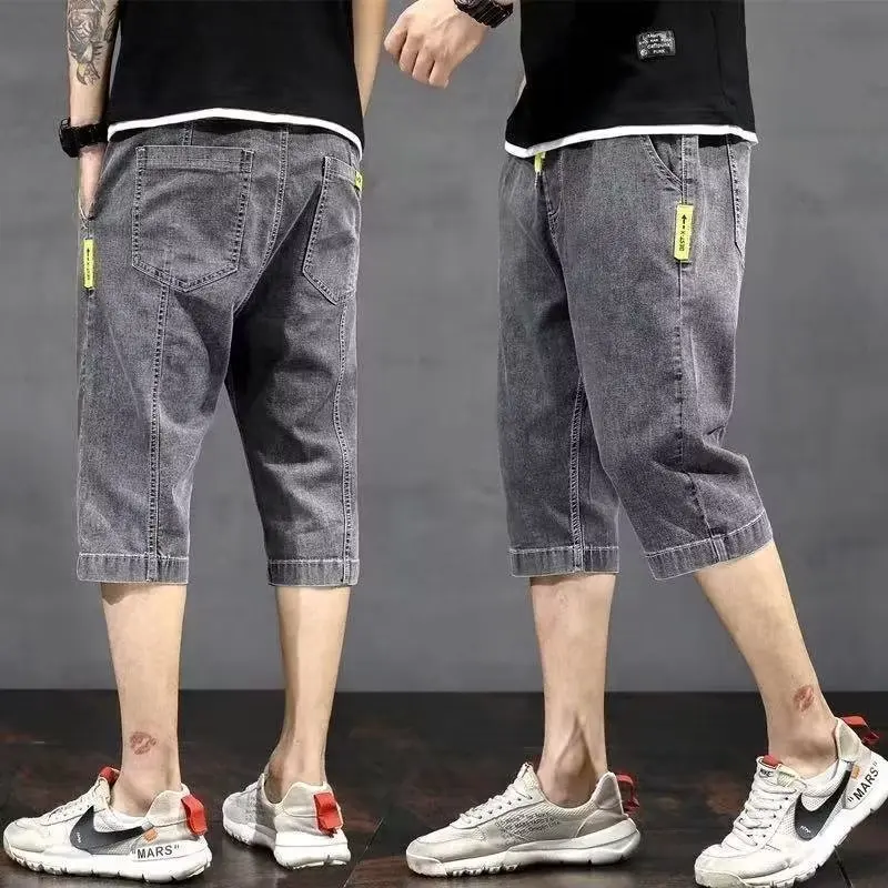 

Men's Denim Seven-Five Pants Summer Thin Over-Knee Casual Straight Leg Trendy Brand Eight-Five orts High Waist Zipper Fly