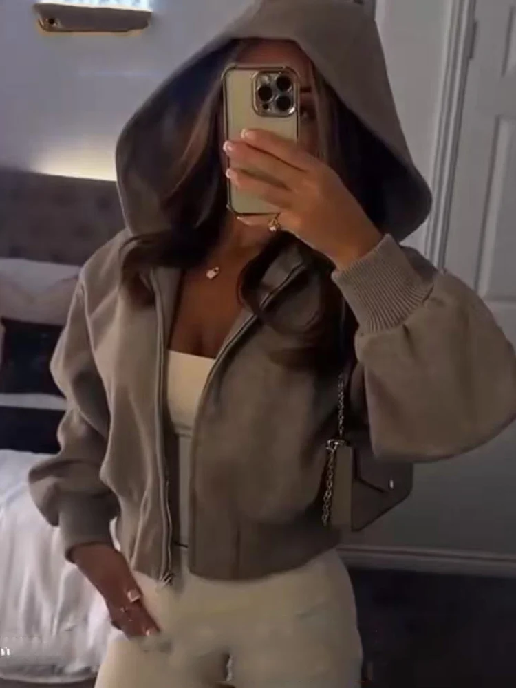 Casual zíper bombardeiro jaquetas para mulheres chique grosso quente recortado com capuz jaquetas casaco outono 2025 manga longa moda outerwears