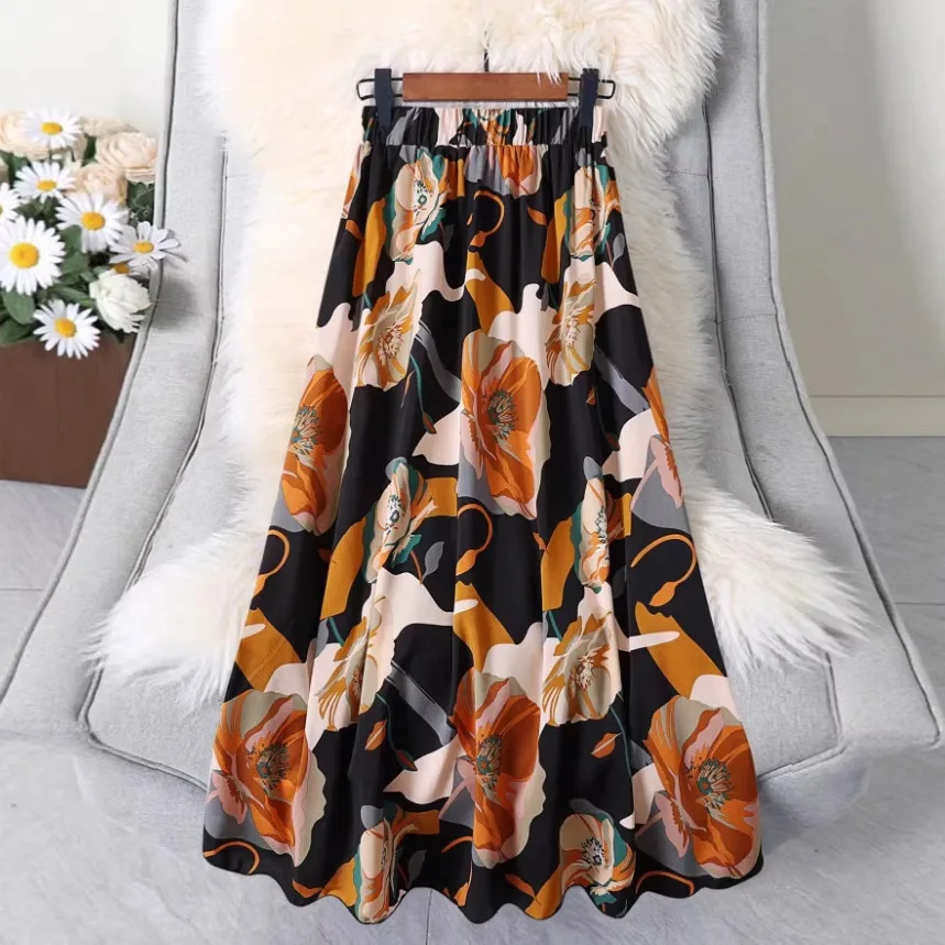 

2026 Spring Summer Women's Elegant Floral Print Long Skirts Casual High Waist Party Slim A-line Skirt