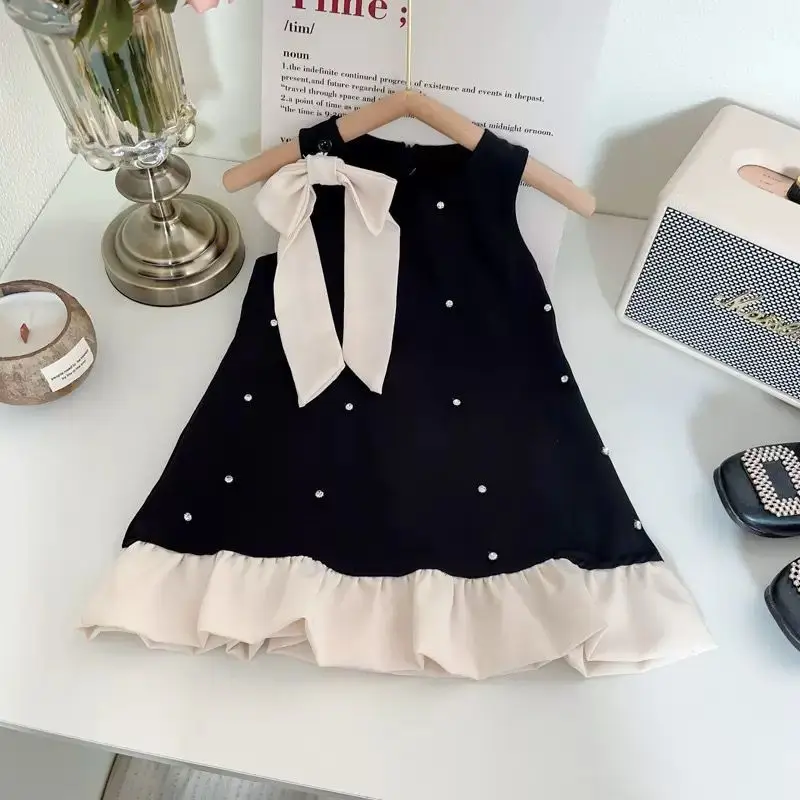 

2025 Summer Girls Fashionable Sleeveless Diamond Studded Princess Dress Baby Girl Bow Vest Dress