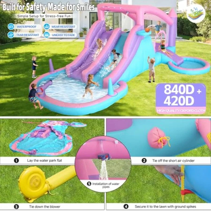 Backyard water park for kids ages 3-8: inflatable bounce house with 3 slides, splash pool, water cannon, ball pit, basketball h view 4