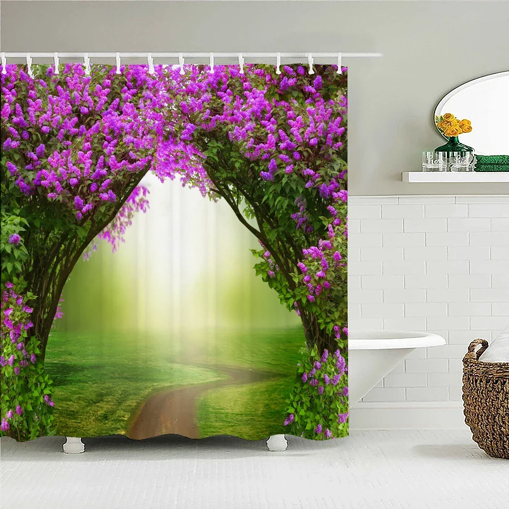 Waterproof Flowers Scenery Shower Curtains, Rural Street, Bathroom Polyester Fabric, Washable Decor, Bath Curtains
