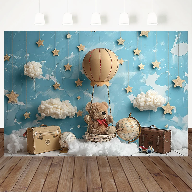 Fondo de oso Mocsicka, globos de aire caliente, decoración de estrellas de cielo azul claro, fondo de cumpleaños para Baby Shower, estudio de fotografía
