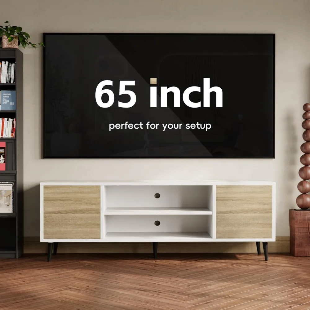 حامل تلفزيون حديث لمركز الترفيه التلفزيوني القديم مقاس 65 بوصة مع خزائن تخزين ووحدة تحكم الوسائط ذات أرفف مفتوحة