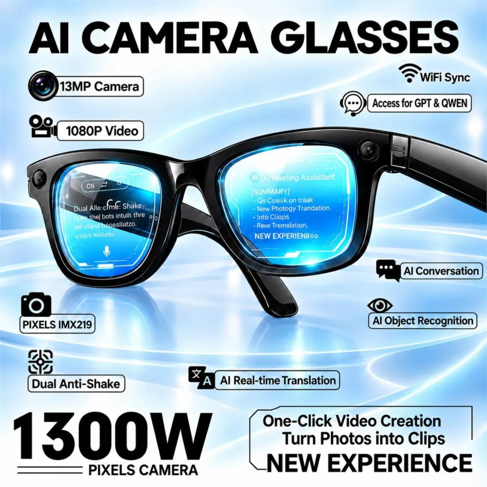 AI Smart Glasses 13MP Camera Photo Recognition AI Chat Video Recording Eyeware Bluetooth Call Music Anti Blue Light Photochromic