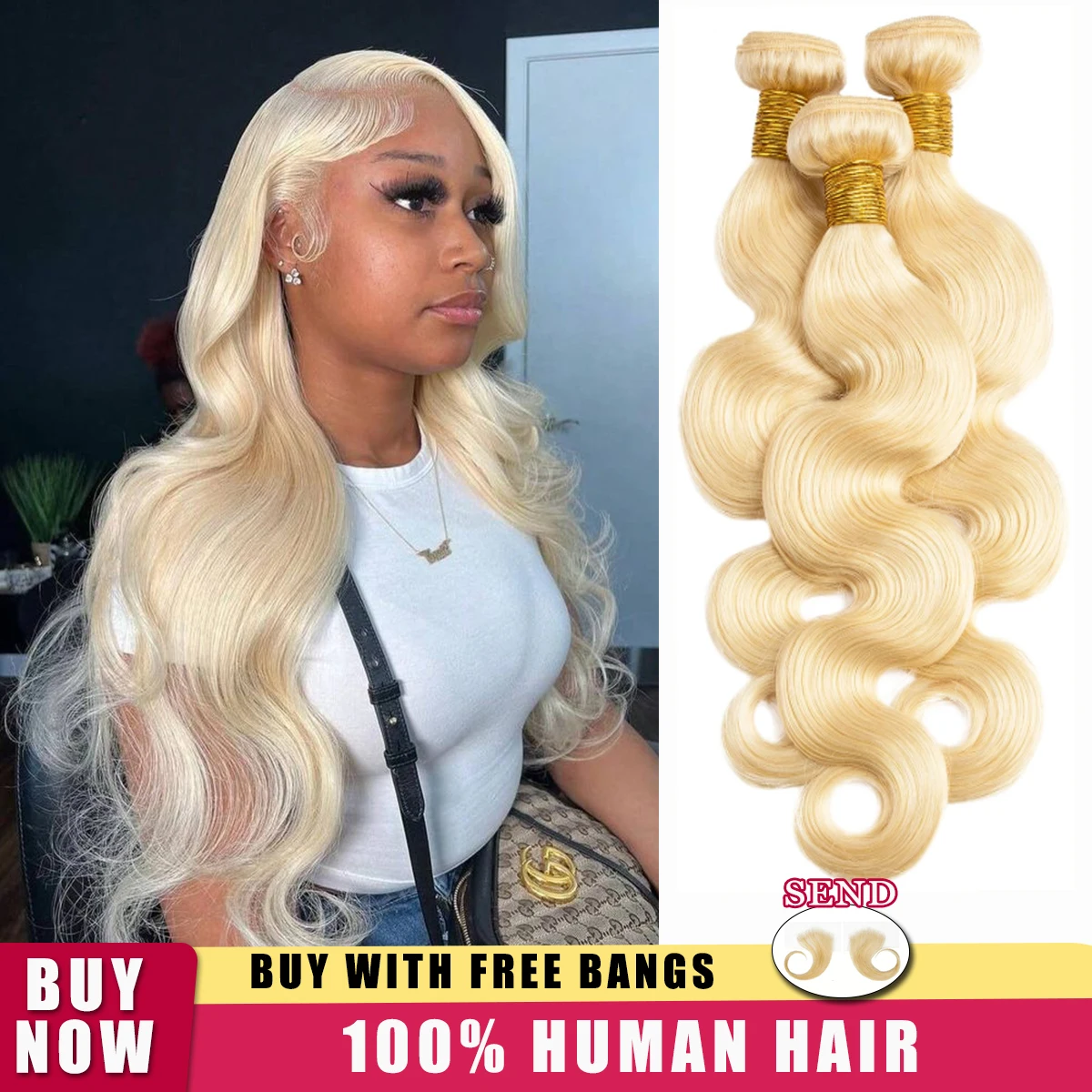 

16A Медовый Блондин 613 Пучки человеческих волос Объемная волна Пучки человеческих волос 3/4 Пучки Цветные бразильские пучки волос с челкой