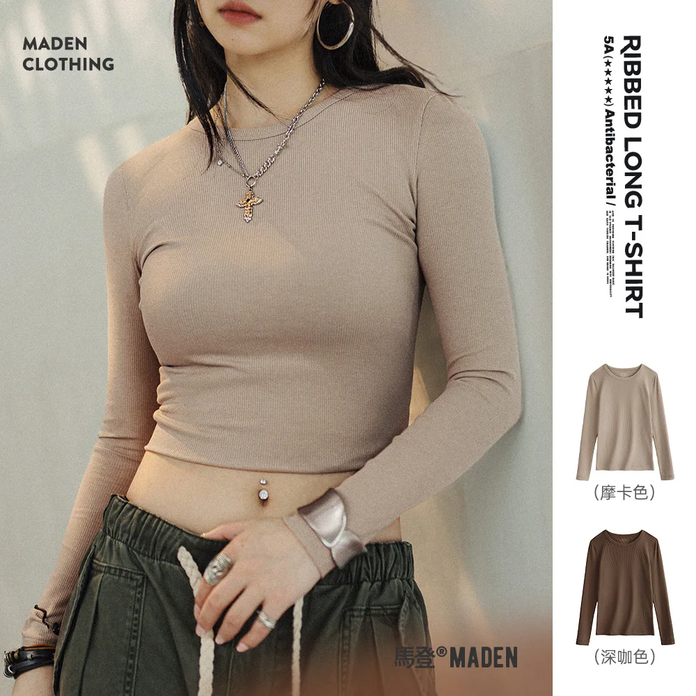 

Maden 5A Antibacterial Ribbed Long T-shirt for Women Breathable O-Neck Threaded Bottom Shirt Autumn Solid Color Simple Tops