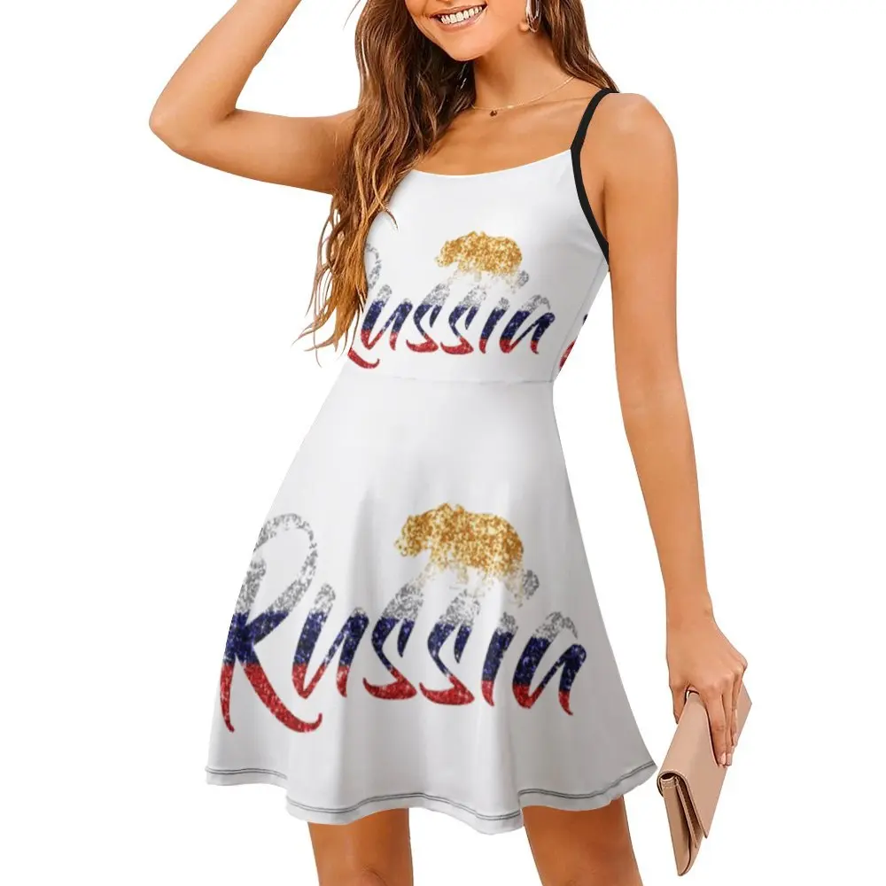 Russia Flag Calligraphy Golden Bear Cute Sexy Woman's Clothing Women's Sling Dress Humor Graphic  Parties Dresses