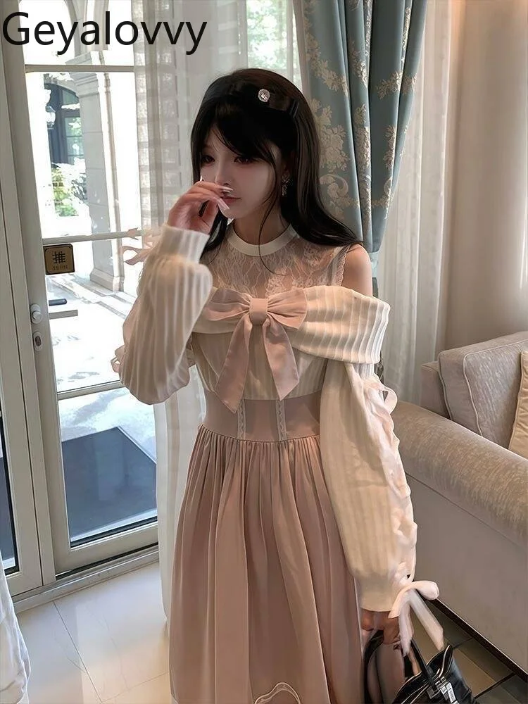 

Розовое платье макси с открытыми плечами и длинными рукавами для милых девочек, осеннее длинное платье с высокой талией на день рождения и бантом на кружевной основе для женщин