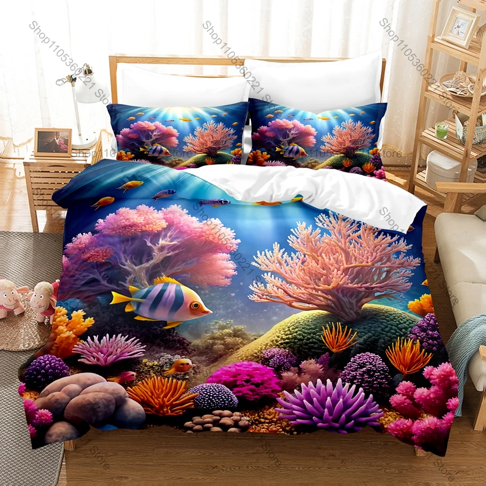 Underwater Coral Pattern 3-Piece Bedding Set Soft Microfiber Duvet Cover with Pillowcases Breathable Ocean Theme Bed Set