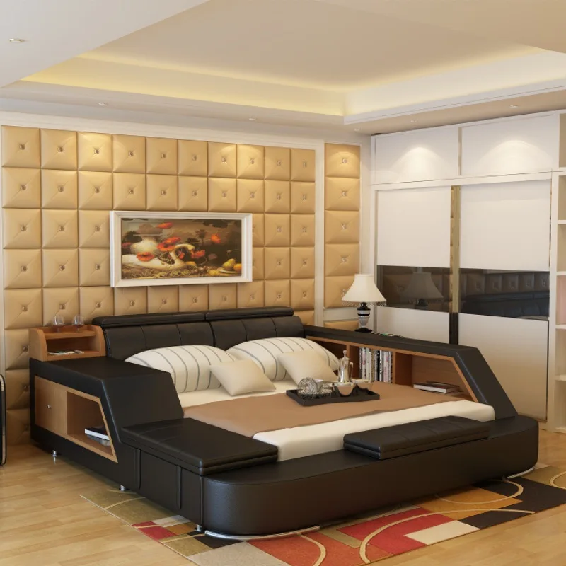 

*s forking Size Modern Bed Multifunctional Storage Soft Bed Leather Double Bed With Storage*