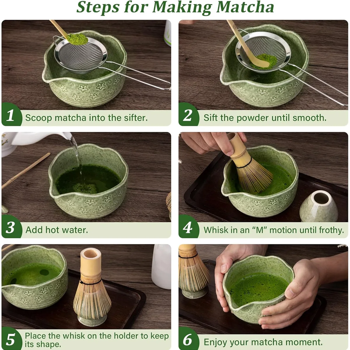 

D9 Matcha Whisk Set 5Pcs Tiny Flower Matcha Set Includes 18.5oz/550ml Chawan with Spout, Bamboo Chasen Whisk with Ceramic Holder