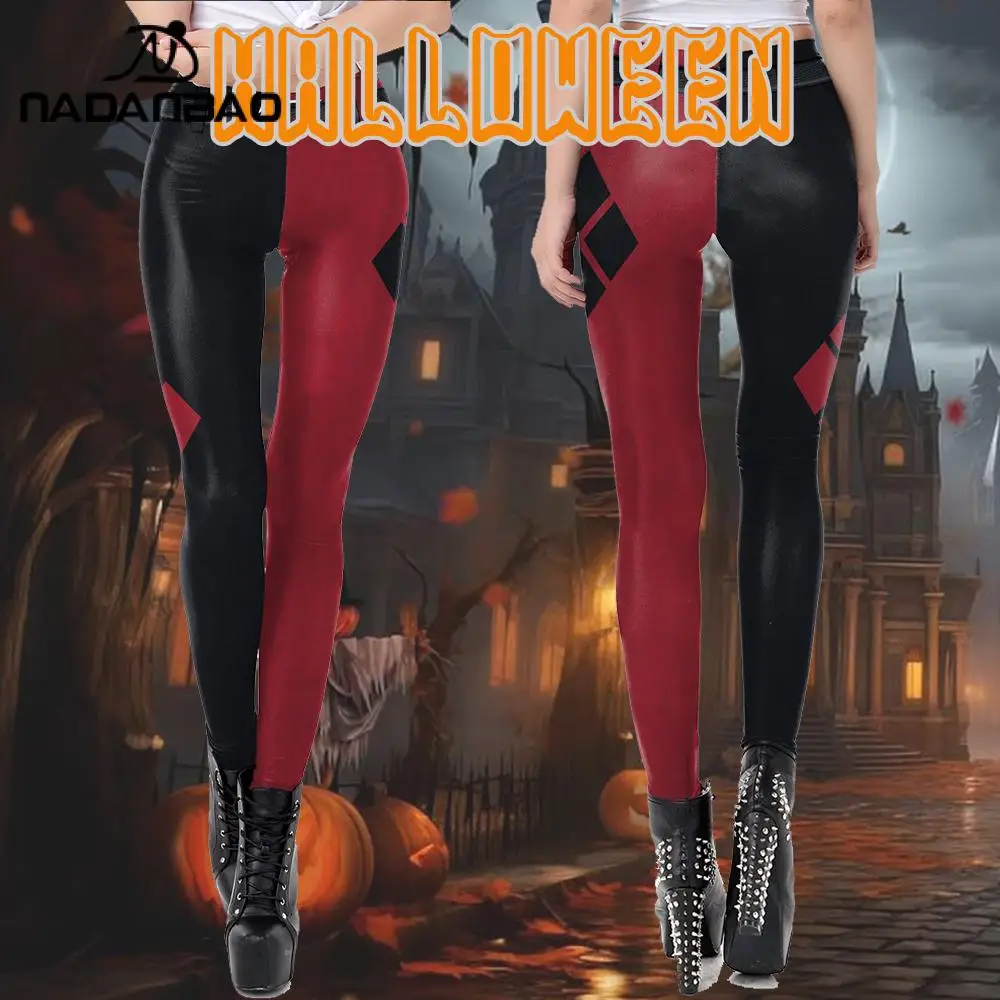 Nadanbao Halloween Cosplay Women Galaxy Leggings Red and Black Printed Leggings Pants Black Cartoon Deadpool Classic Leggings