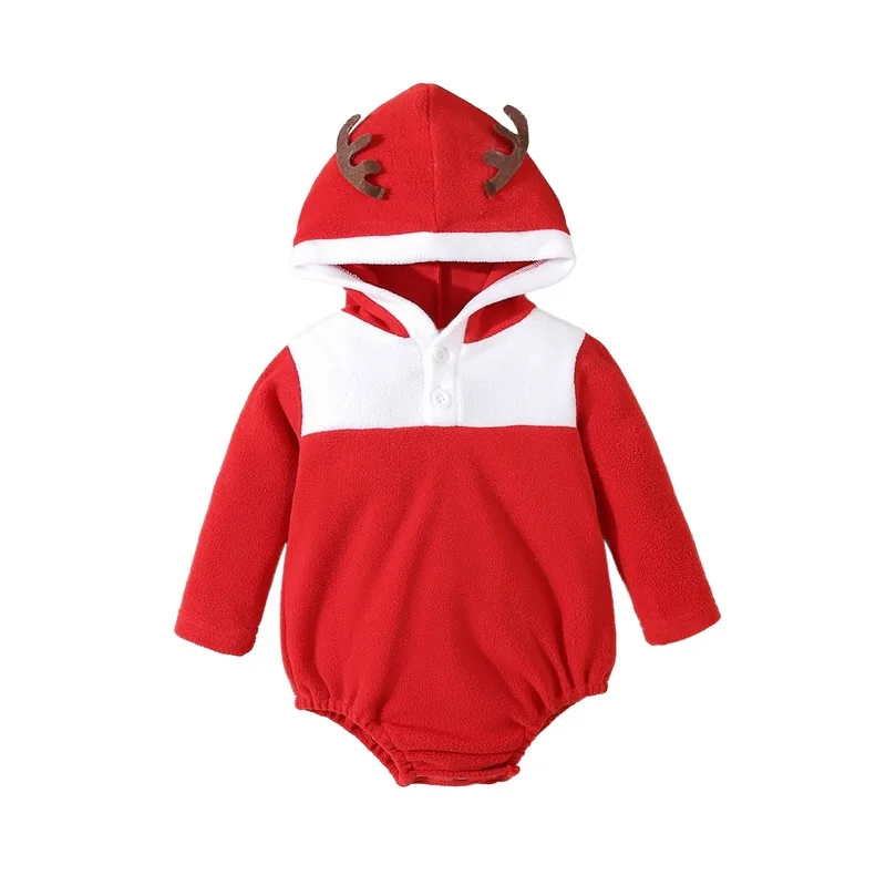 Toddler Baby's Clothes Christmas Fleece Romper Cute Deer Antler Warm Long Sleeve Hood Bubble Jumpsuit Children's Clothing