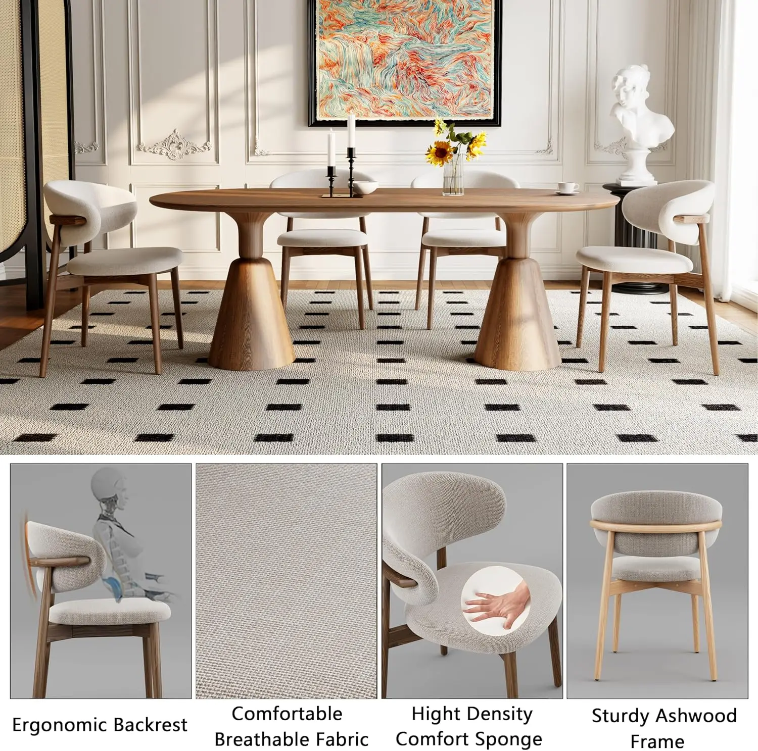 Solid Wood Dining Chairs Set of 2, Modern Upholstered Dining Chair with Curved Backrest, Natural Wood Legs image 6