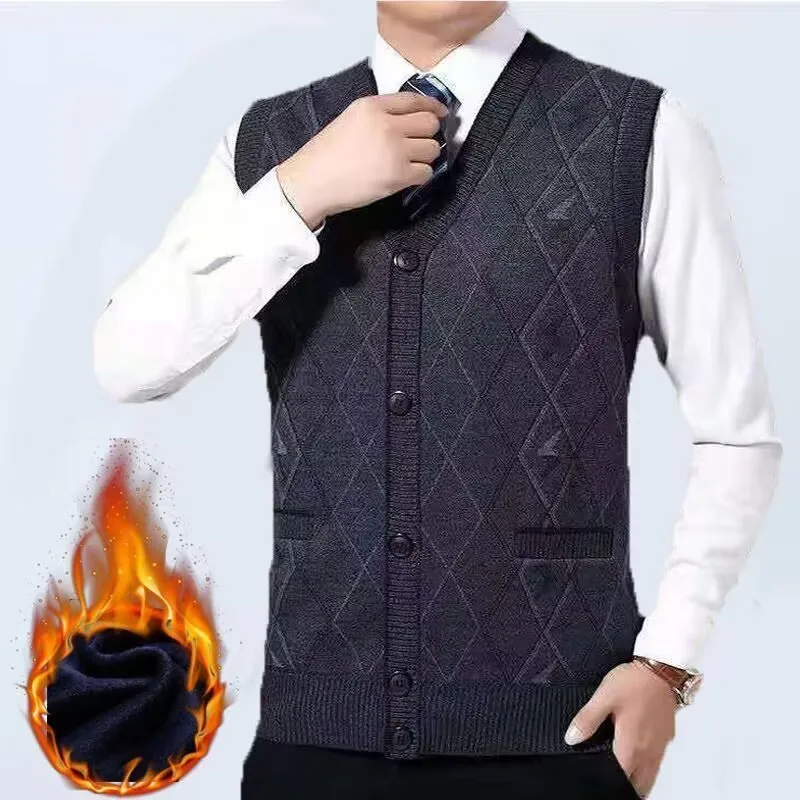 Autumn and Winter Plush and Thickened Middle-aged and Elderly Men\'s Sweaters Warm Vest Shoulder and Vest men clothing