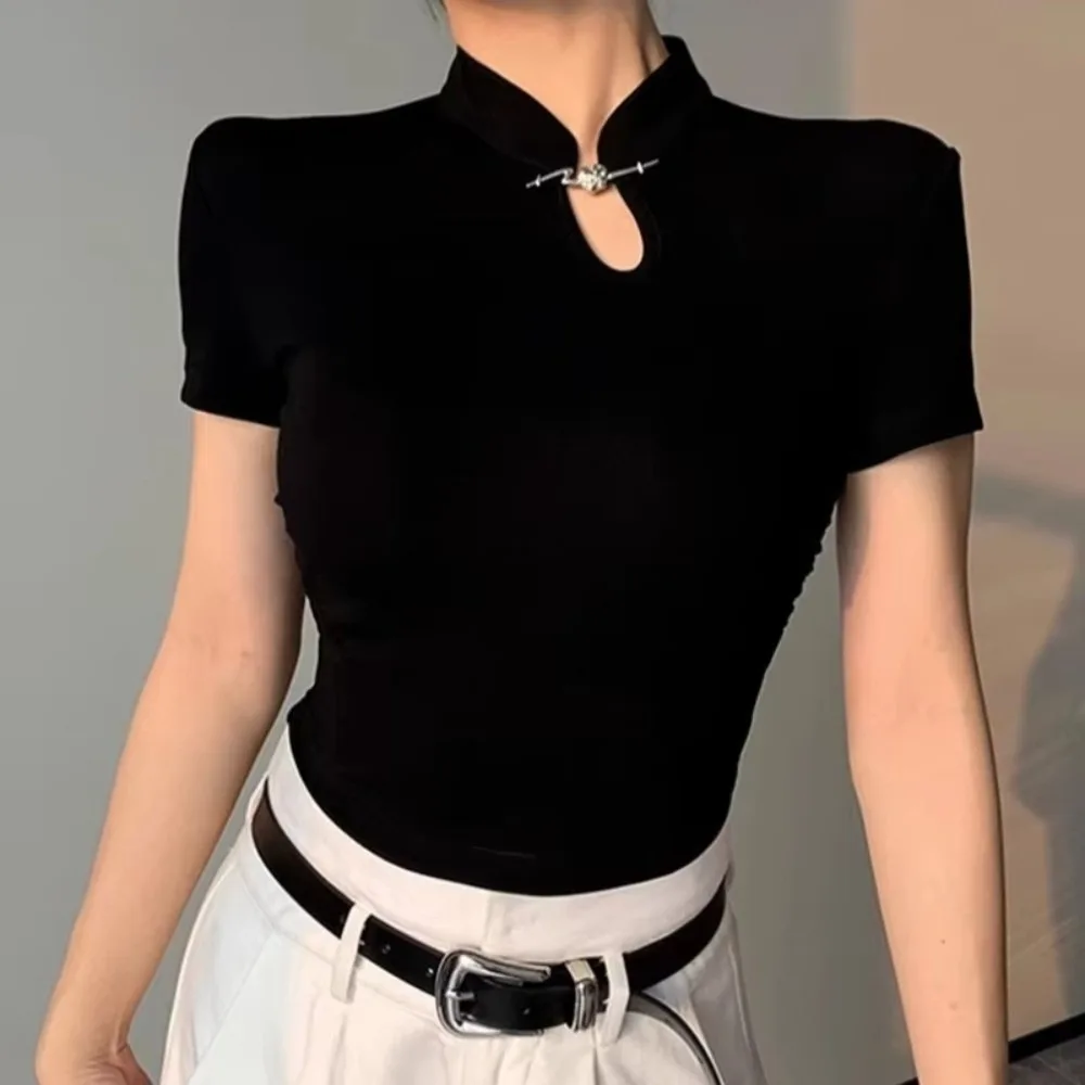 Fashion Chinese Style T Shirt Slim Fit Frog Button Closure Short Sleeves Shirt Stand Collar Elastic Crop Top for Women