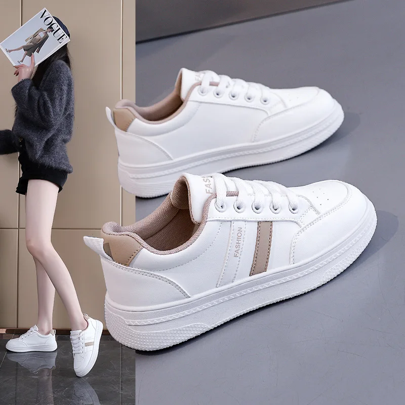 

White shoes, women's versatile 2026 spring casual shoes, soft soled sports shoes, leather top flat soled board shoes