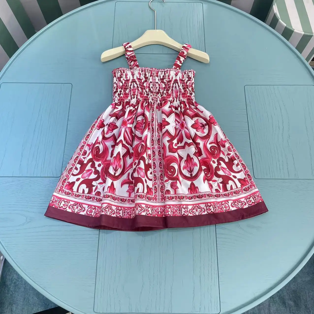 High end children's clothing 2024 summer new girls suspender party dress sleeveless water print children's dress