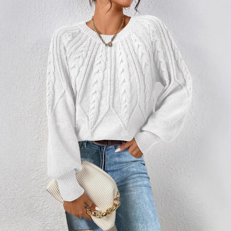 

Women's Knitting Sweater 2025 Winter Solid Color Sweater Knit Crewneck Design Elegant Loose Versatile Long Sleeve Pullover