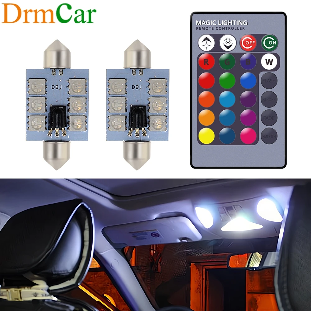 2X 5050 RGB 6SMD Car Led Dome C5w C10w Interior Lamp Auto Mobile Remote Controller Colorful Reading Light Roof Trunk Bulb DC 12v