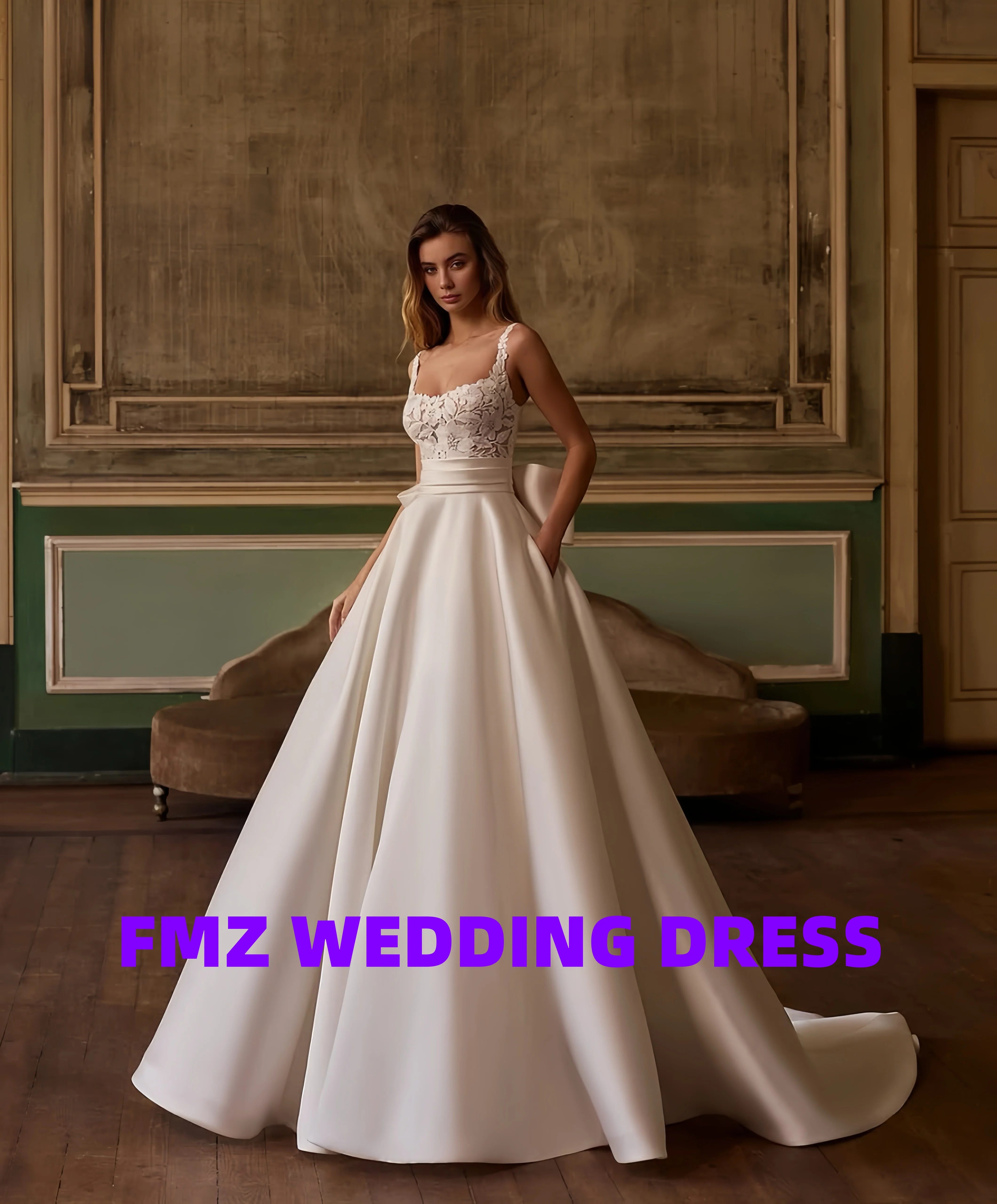 ชุดแต่งงานทรงบอลกาวน์แบบสี่เหลี่ยมคอปกแบบสั่งตัด ผ้าซาติน แขนกุด ยี่ห้อ Amanda Novias รุ่น Vestidos de Novia Amanda's Novias