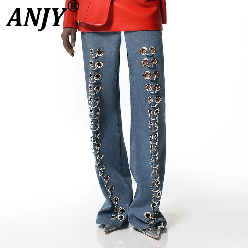 

ANJY Autumn New Women European Trendy Niche Eyelet Iron Ring Decorated Jeans Personality Hollow Tide Straight Denim Pants A12732
