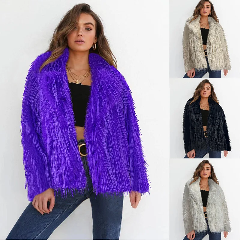 

Short Solid Faux Fur Coat, Women's New Autumn Winter Tassel Trim Jacket with Design