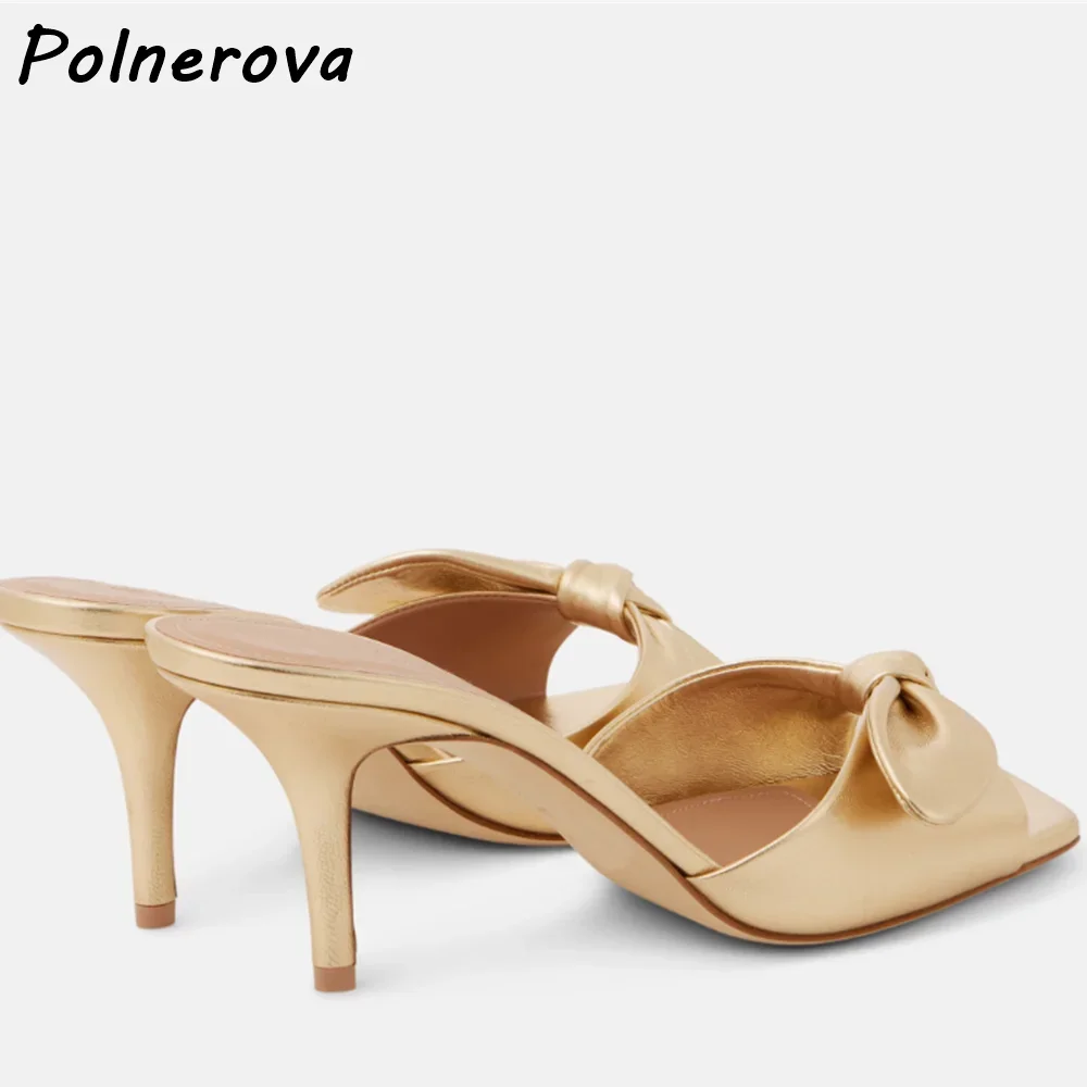 Twist Gold Slippers Square Toe Thin Heels Slip On Solid Leisure Outdoor Slippers Women\'s Summer Fashion Stiletto Shoes 2025