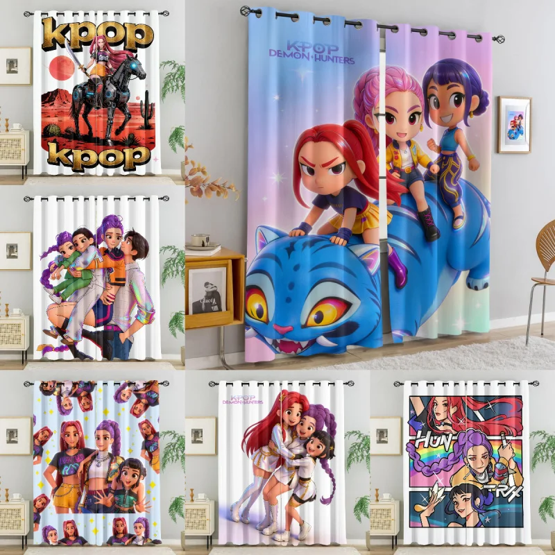 2pcs Kpop Chibi Anime Girls Curtains Cute Characters With Blue Monster Blackout Curtains Gradient Star Window Drapes for Teens