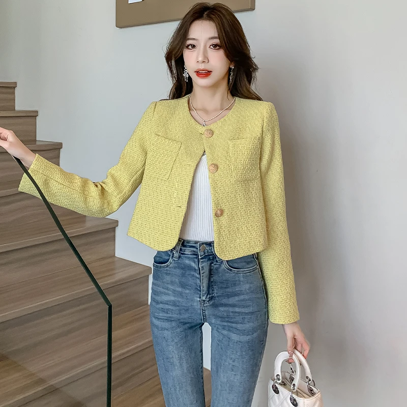 

2024 New Spring Autumn Women Single Breasted Slim Short Jacket High Quality Fashion Light Yellow tweed Jacket Casual Outwear