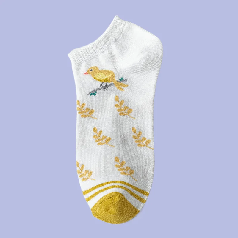 Chaussettes courtes respirantes à bouche peu profonde pour femmes, chaussettes bateau coupe basse, chaussettes Bot Bird, dessin animé mignon fin, 5/10 paires