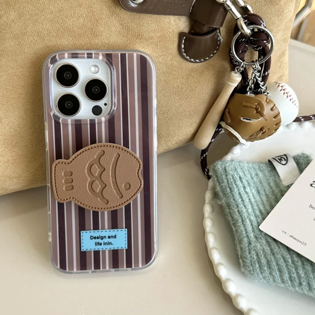 Retro Brown Vertical Stripes Taiyaki  With Holder Cover Case for iPhone 16 15 14 13 Pro Max Shockproof Protective Phone Case