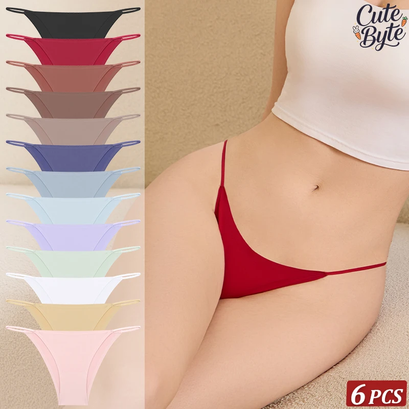 6-teiliges Set Damen Eisseide Nahtlose String-Bikini-Slips Atmungsaktive Tiefsitzende Halbbedeckende Sexy Unterwäsche Mehrfarbige Kombination