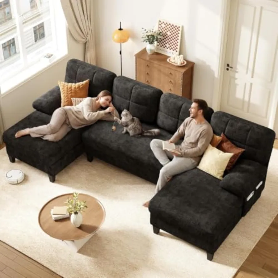 U-Shaped Sectional Couch for Living Room, 112 Sectional Sofa in Premium Fabric, Gray, Modular Design with Reversible Chaise