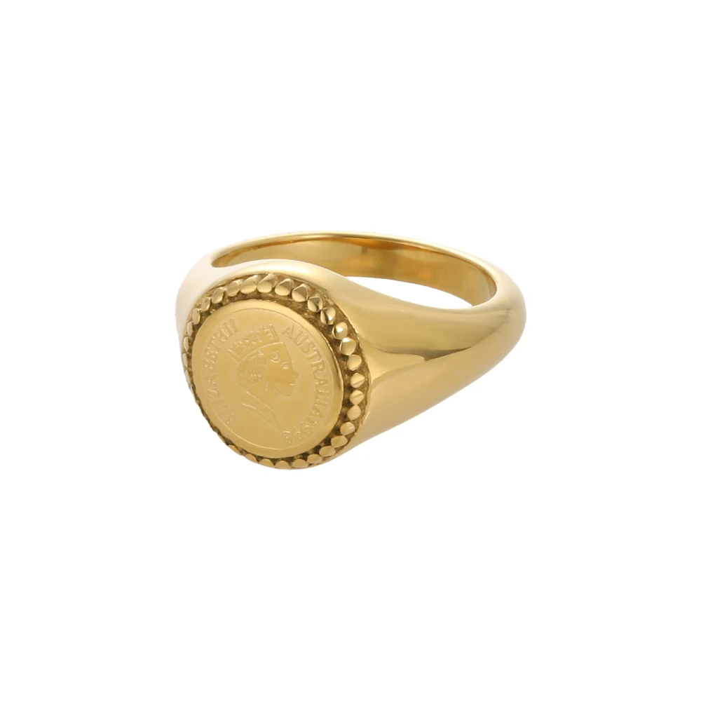 Tarnish Free Stainless Steel Gold Plated Queen Elizabeth Portrait Signet Rings Retro Coin Engraved Band Rings For Women Men