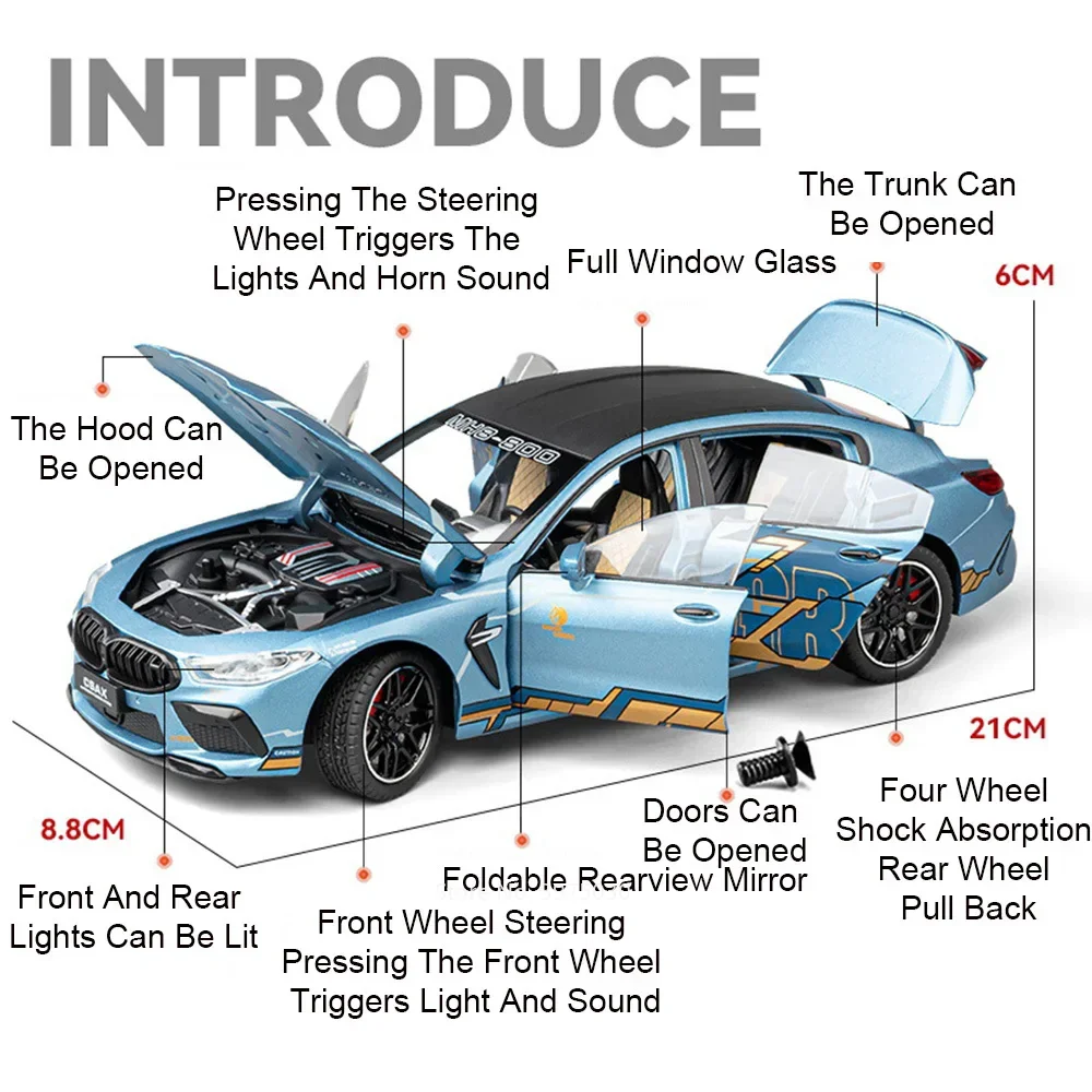 Modelo de coche de juguete M8 a escala 1:24, 760LI, fundido a presión, puertas con luz de sonido, vehículos abiertos con absorción de impacto, modelos, regalos para niños