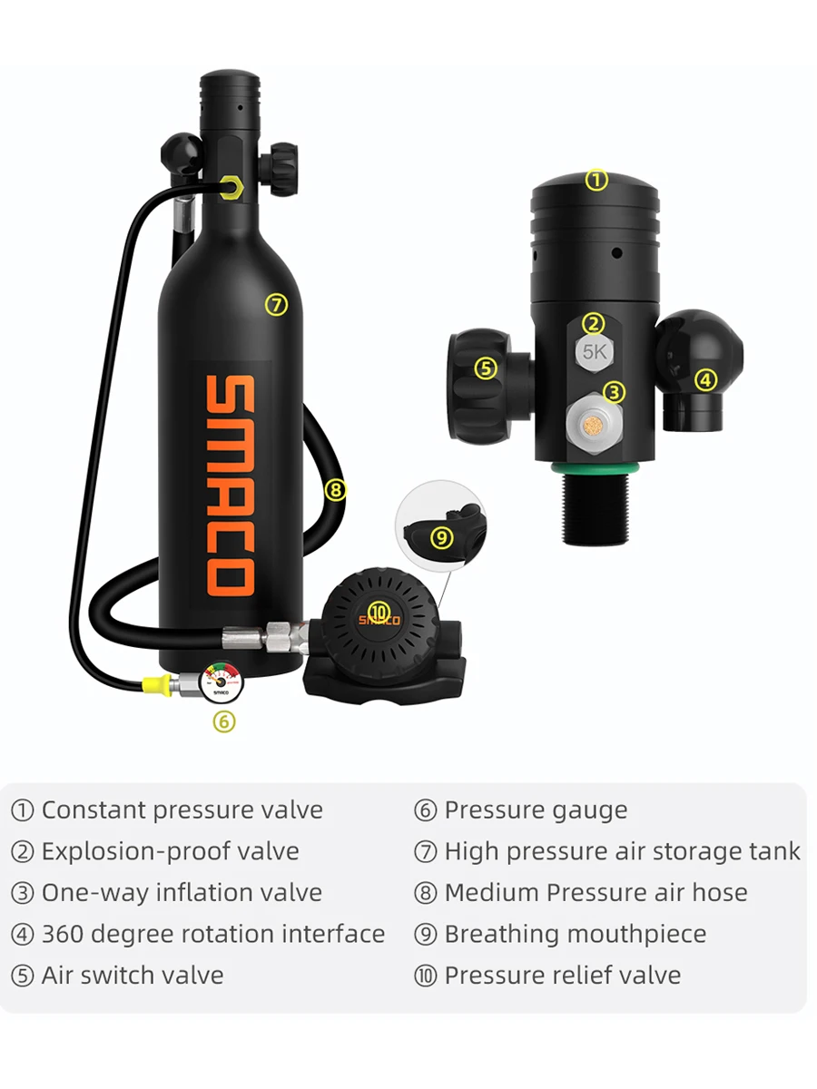 SMACO S400 1L Mini Scuba Diving Tank/Equipment Oxygen Cylinder Underwater Breathing Portable Scuba Tank Kit Capacity Refillable