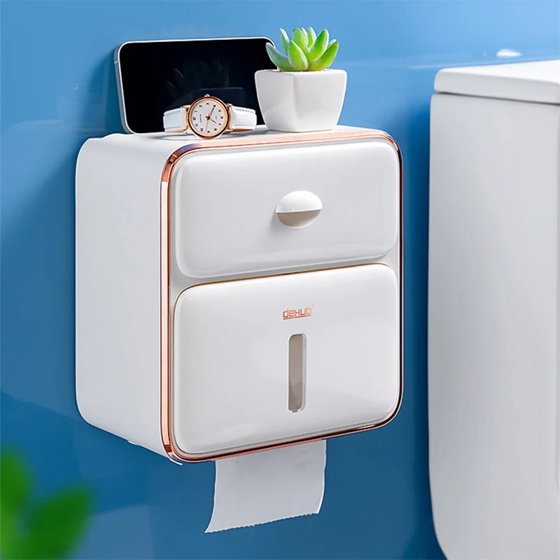 Multifunctional Bathroom Double Tissue Box Free Punch Roll Paper Storage Rack Kitchen Wall Hanging Drawer Type Tissue Holder