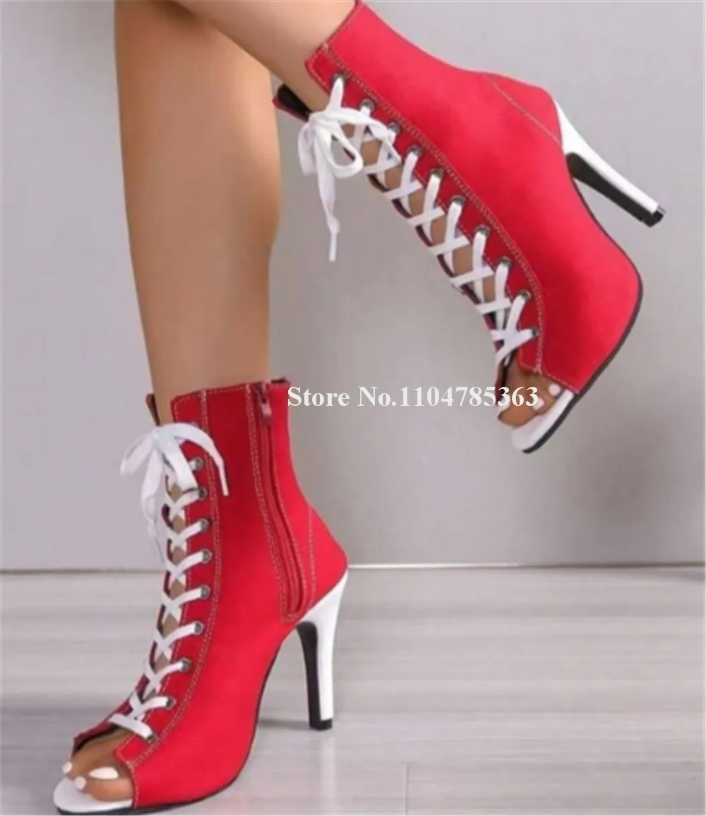 

Пикантные красные, черные джинсовые короткие ботинки на шпильке, ботильоны на тонком каблуке с круглым носком и шнуровкой, большие размеры на каблуке