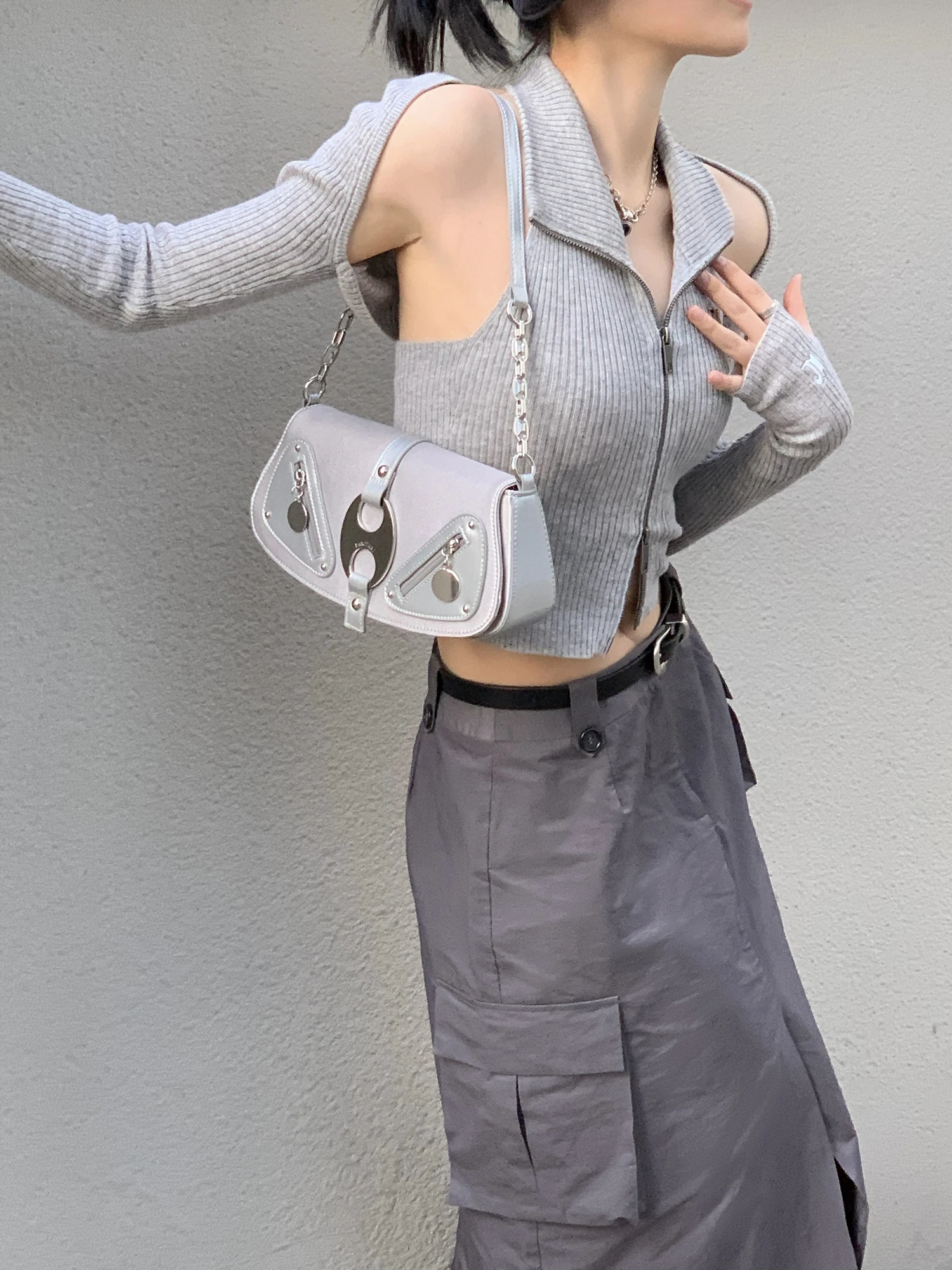 Borsa a tracolla riflettente con anello in metallo a doppio foro Spice Girl di nicchia dal design originale