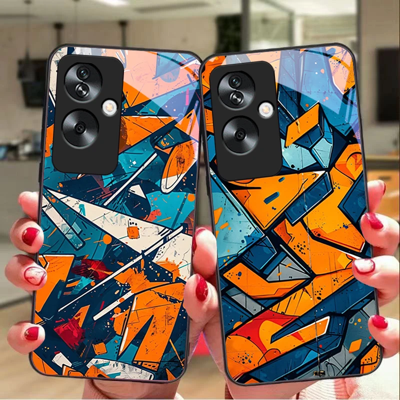 Wall graffiti in black For Oppo A79 5G 58 78 74 60 4G Reno 11F Realme GT 6 11 Note 50 10 C55 X2 Tempered glass black phone case