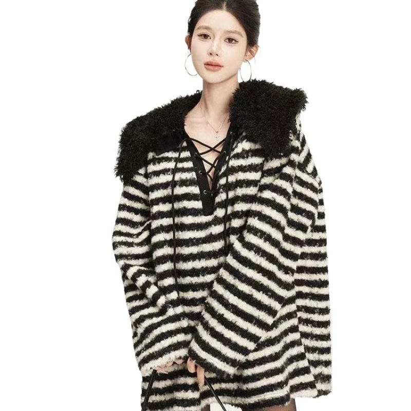 

Приятный для кожи модный свитер с меховым воротником на бретелях, тонкий черно-белый съемный воротник с V-образной полосой, ленивый вязаный свитер в стиле сарая