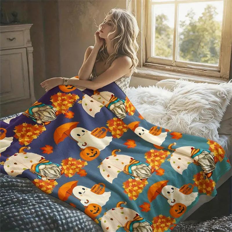 Autumn Ghost Gnome Flannel Blanket Warm Soft Halloween Christmas Decorative Couch Warm Cozy All-Season Gift
