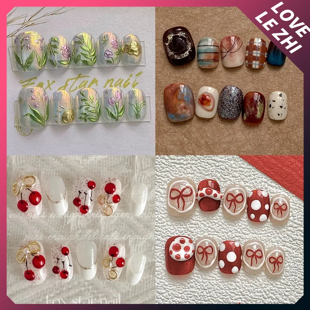 

Short Square Round Handmade Press On Nails Ballet Wearable Artificial Work Portable False Nails French Flower Cherry Manicure