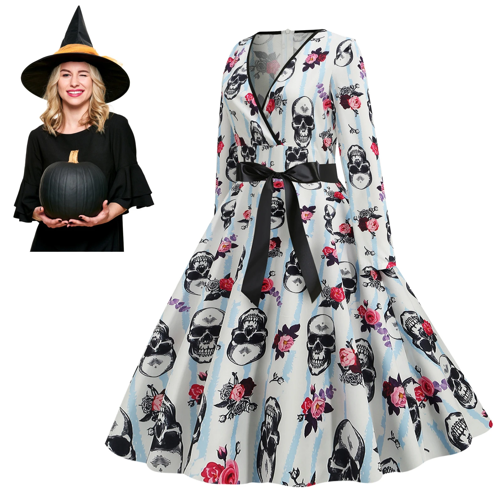 Halloween Vintage Dresses For Women V Neck Long Sleeve High Waist Swing Dress Halloween Print Cocktail Evening Party Costume